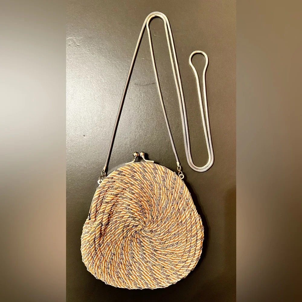 Vintage Evening Treasures Silver Beaded and Twine Clutch Purse